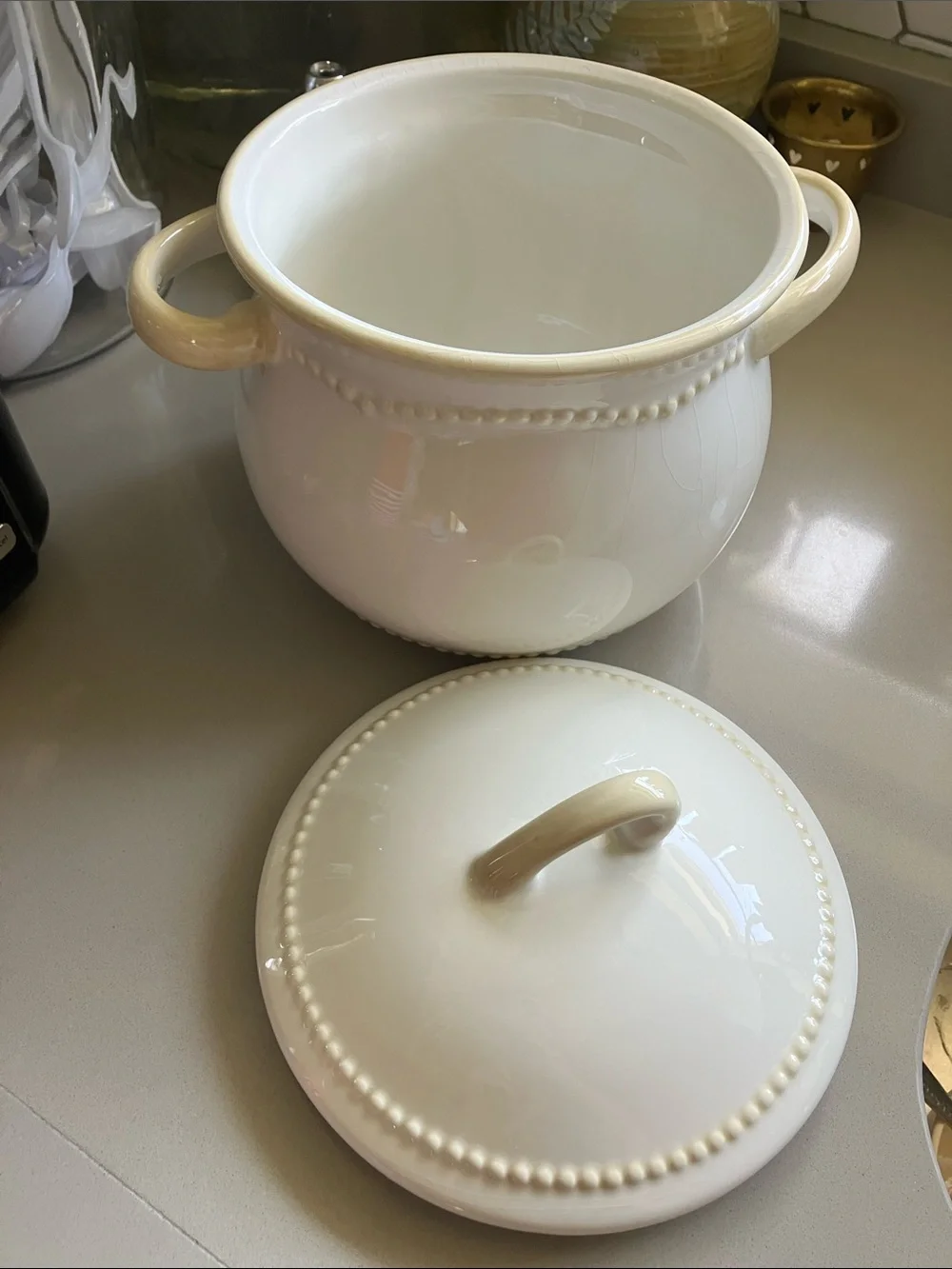 Princess House Cream Ceramic Covered Casserole with Beaded Trim